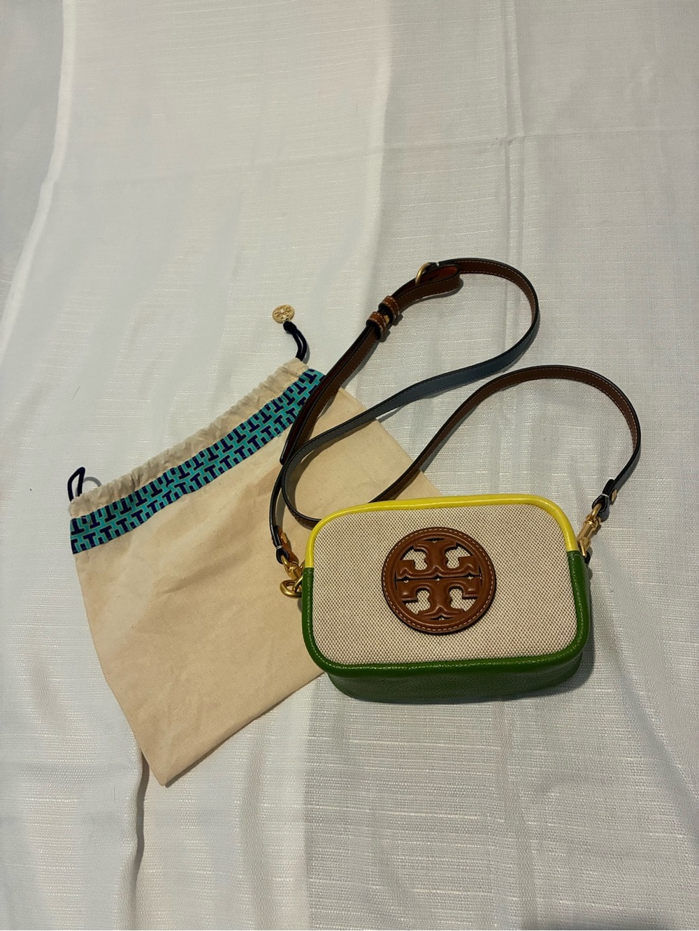 Tory Burch Perry Bombe Mini Camera Crossbody Bag Canvas Green Yellow NWOT